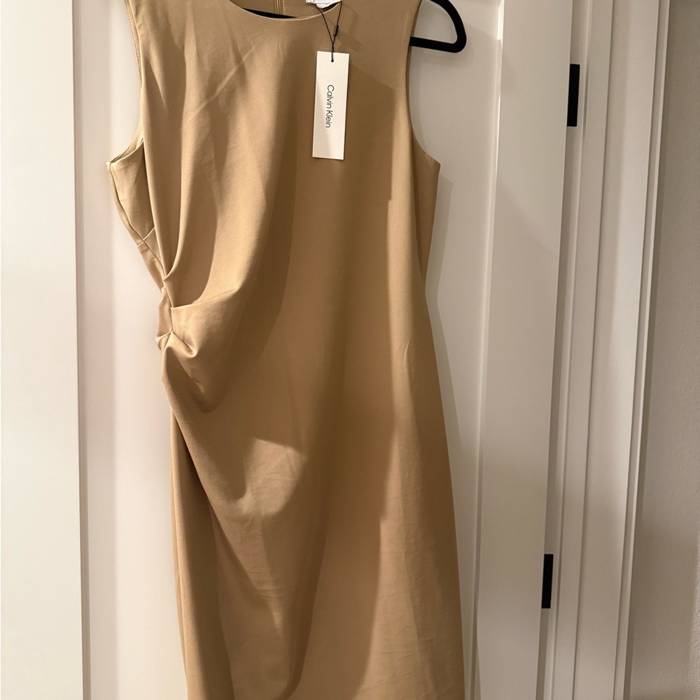 NWT Calvin Klein Tan Sleeveless Midi Sheath Dress